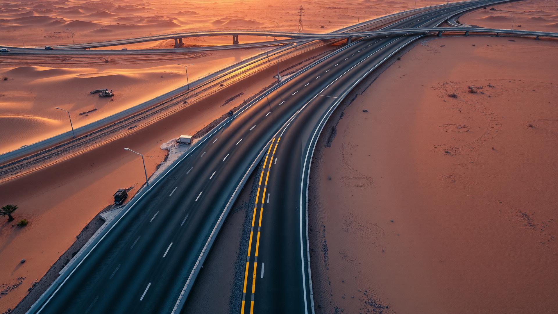 Newly paved Saudi highway at golden hour
